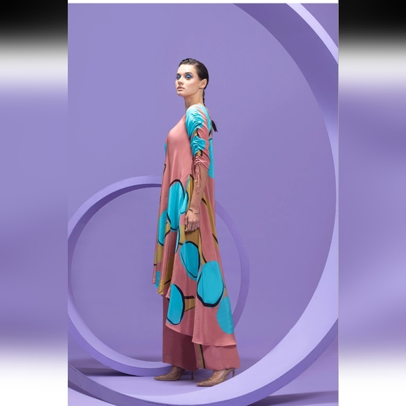 Nautanky Pink Abstract Print Tunic With Pants Set - Picture 3 of 16